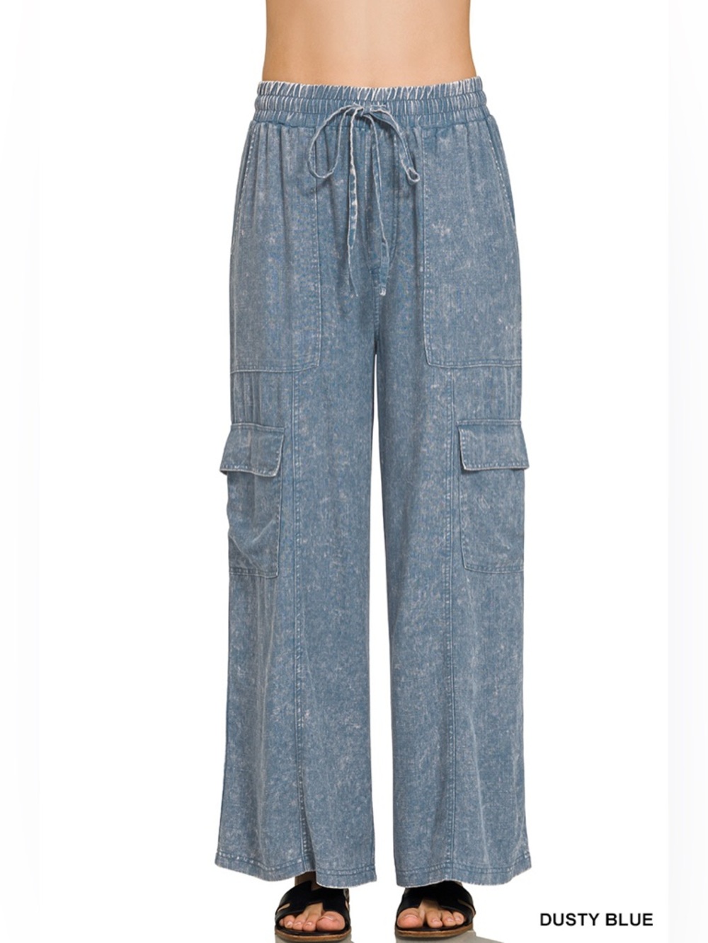 “ Zuma Beach “ Wide Leg Linen Cargo Pants | Ash Mocha / Blue - Picture 2 of 8